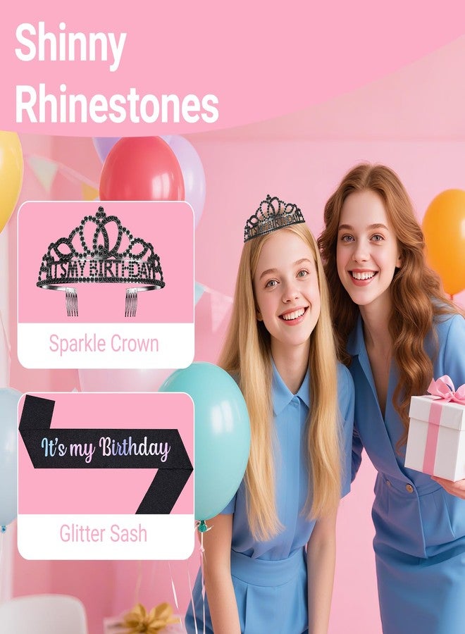 Papoopy Birthday Tiara and Crown with Sash, Birthday Tiara for Women Party Black - Image 3